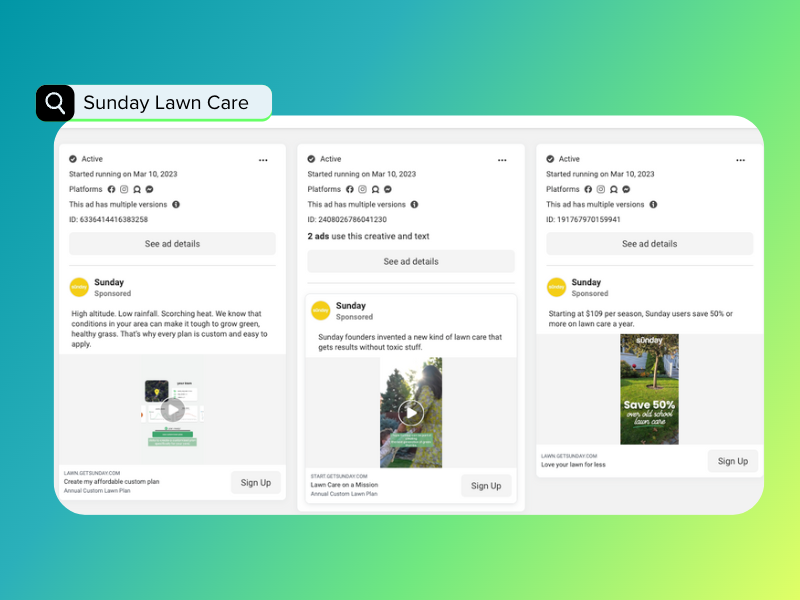 facebook ad library search for sunday lawn care