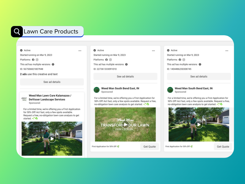 facebook ad library search for lawn care products