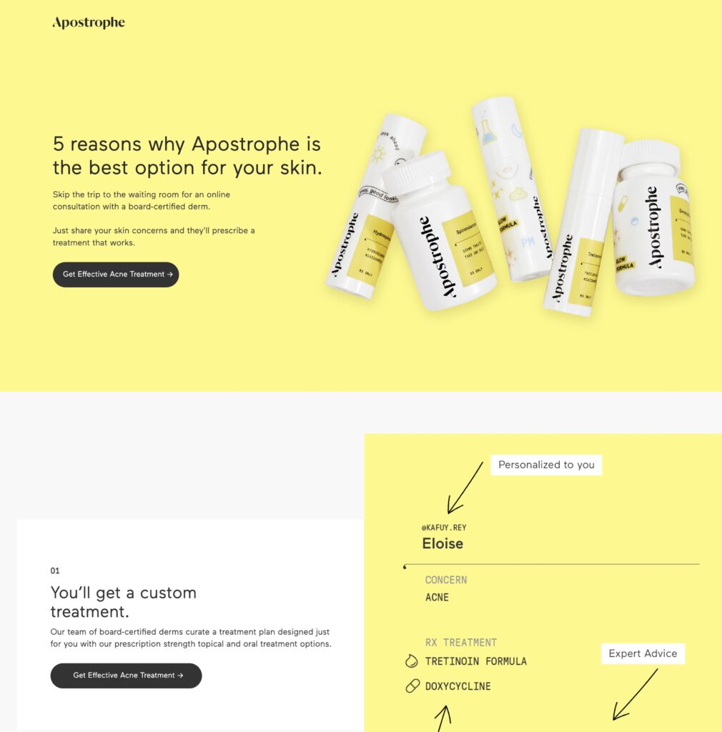 Screenshot of a landing page for Apostrophe. Title "5 Reasons why Apostrophe is the best option for your skin. Image of 5 assorted bottle product shots.